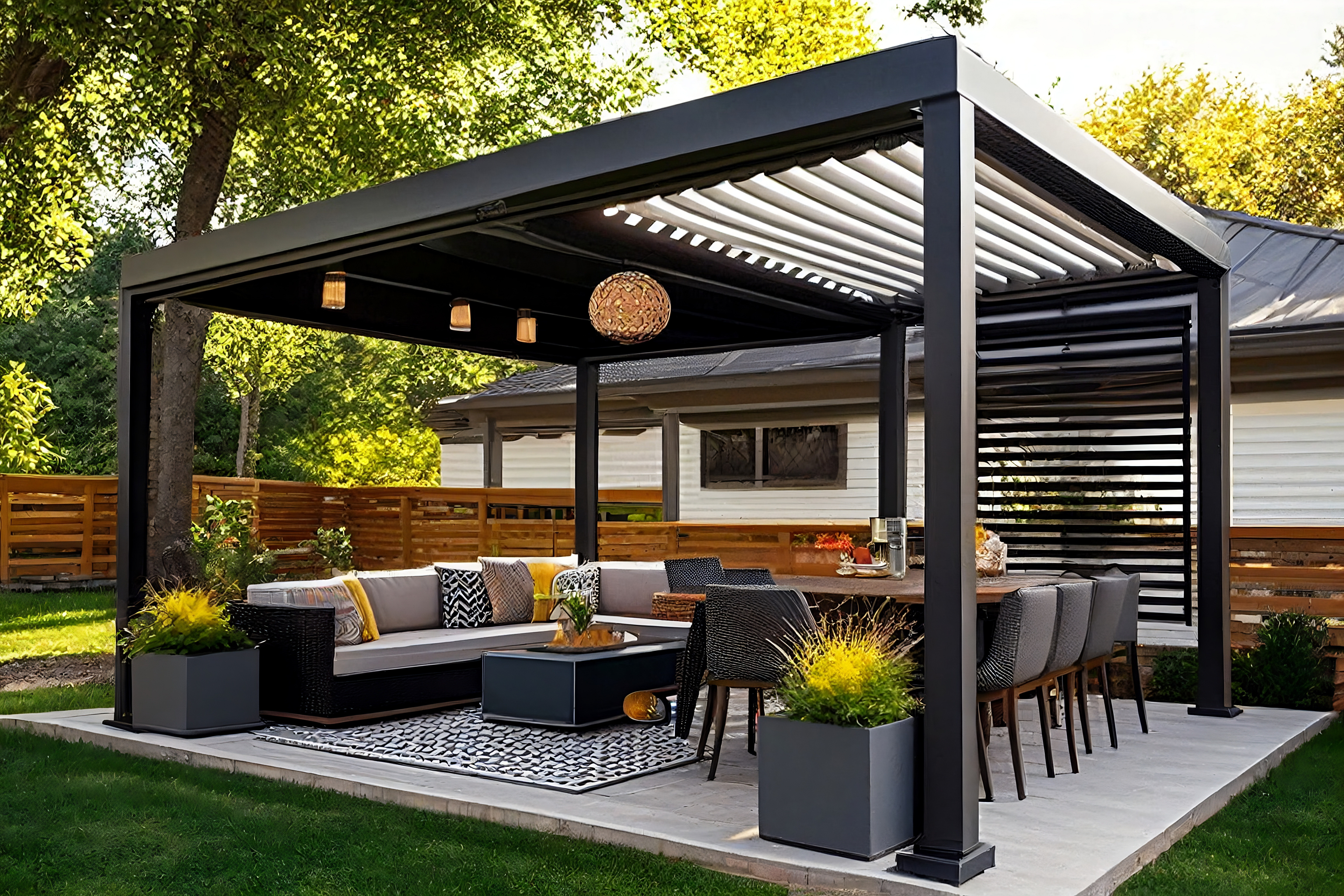 Modern, black vinyl pergola, decorated in backyard